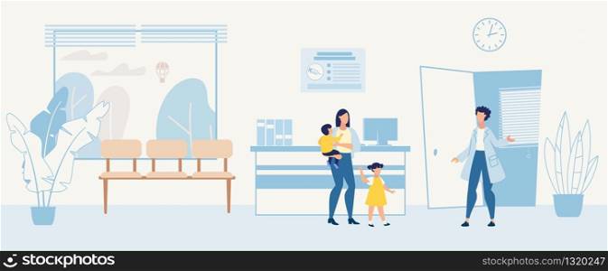 Cartoon Woman with Children Visiting Pediatrician. Doctor in Uniform Welcoming Young Patients with Mother. Clinic Hall or Corridor Modern Flat Interior with Reception Desk. Vector Illustration. Cartoon Woman with Children Visiting Pediatrician