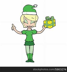 cartoon woman with christmas present