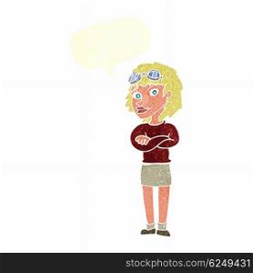cartoon woman with crossed arms and safety goggles with speech bubble
