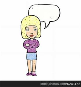 cartoon woman with crossed arms with speech bubble