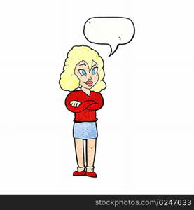 cartoon woman with crossed arms with speech bubble