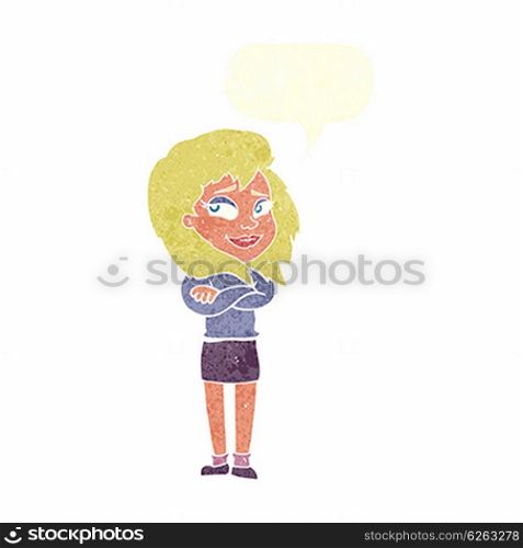 cartoon woman with crossed arms with speech bubble