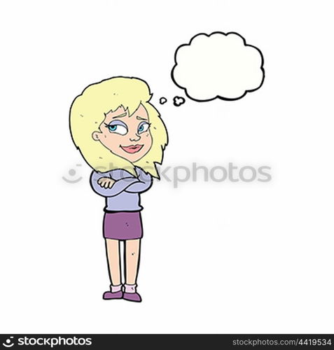 cartoon woman with crossed arms with thought bubble