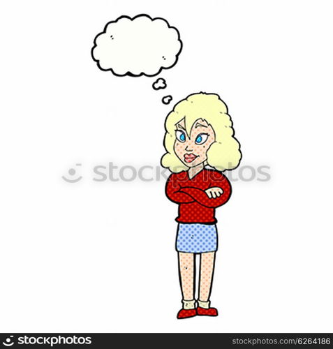cartoon woman with crossed arms with thought bubble