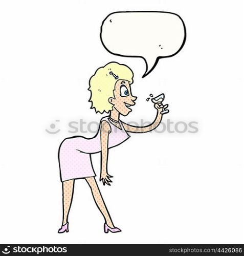 cartoon woman with drink with speech bubble