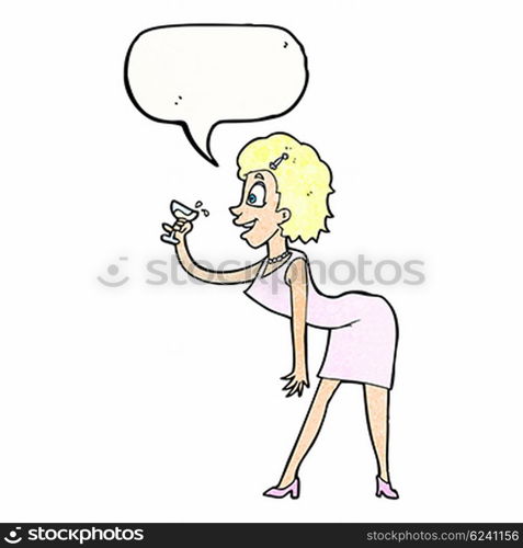 cartoon woman with drink with speech bubble