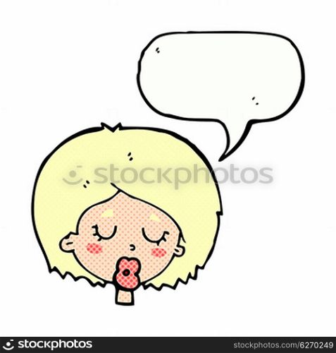 cartoon woman with eyes closed with speech bubble