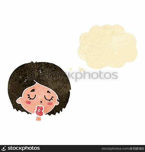 cartoon woman with eyes closed with thought bubble