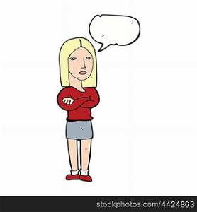 cartoon woman with folded arms with speech bubble