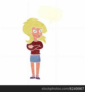 cartoon woman with folded arms with speech bubble