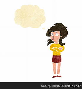 cartoon woman with folded arms with thought bubble