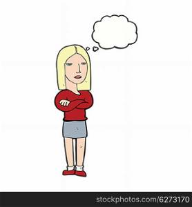 cartoon woman with folded arms with thought bubble