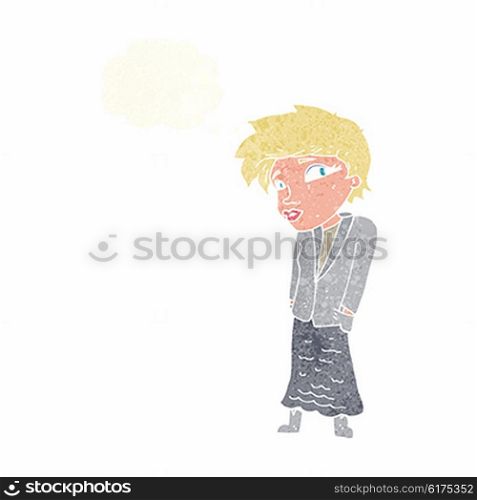 cartoon woman with hands in pockets with thought bubble
