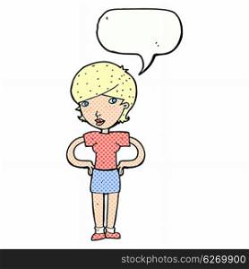 cartoon woman with hands on hips with speech bubble