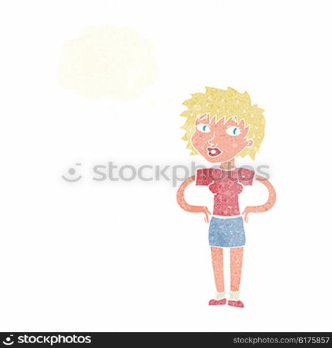 cartoon woman with hands on hips with thought bubble