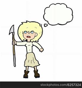 cartoon woman with harpoon with thought bubble