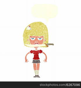 cartoon woman with knife between teeth with speech bubble