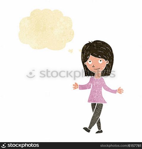 cartoon woman with no worries with thought bubble
