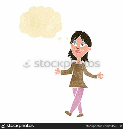 cartoon woman with no worries with thought bubble