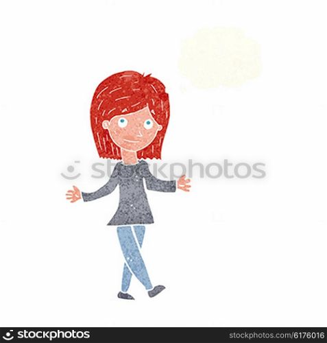 cartoon woman with no worries with thought bubble