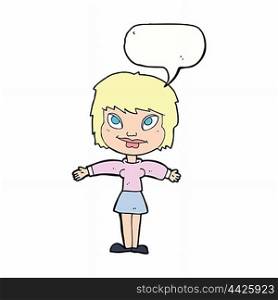 cartoon woman with open amrs with speech bubble