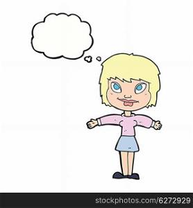 cartoon woman with open amrs with thought bubble