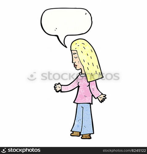 cartoon woman with open arms with speech bubble