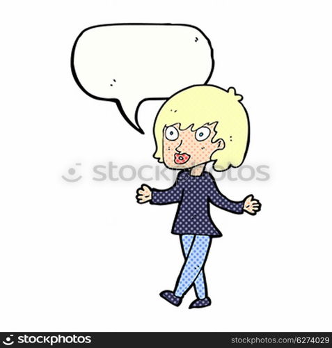 cartoon woman with open arms with speech bubble