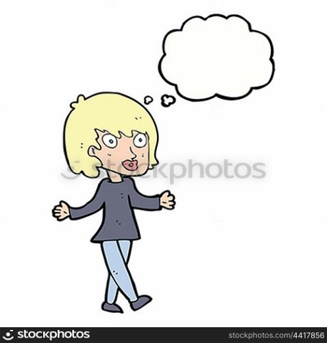 cartoon woman with open arms with thought bubble