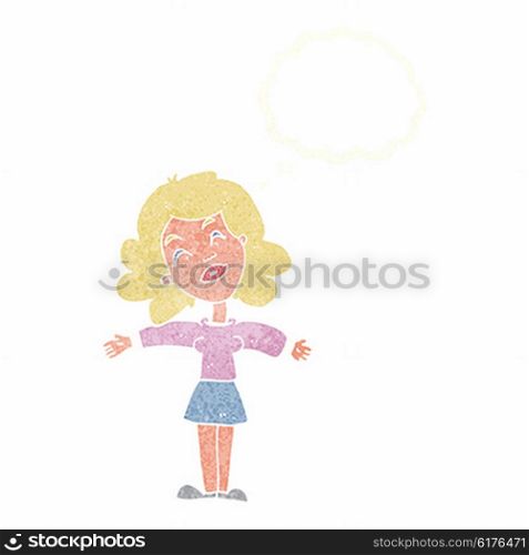 cartoon woman with open arms with thought bubble