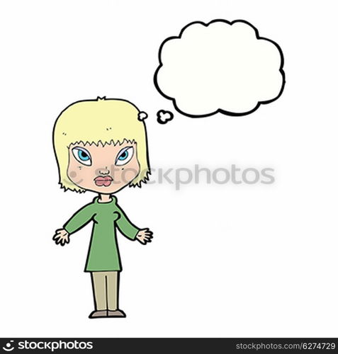 cartoon woman with open arms with thought bubble