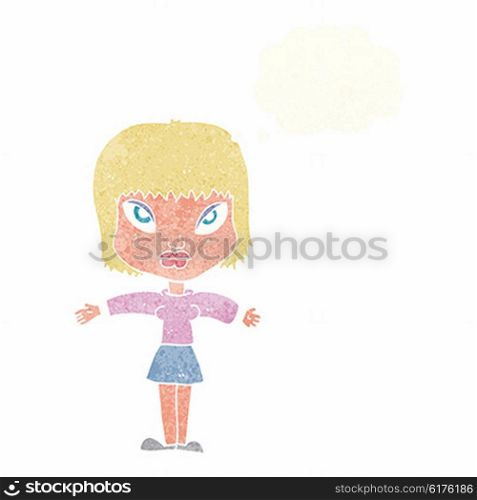 cartoon woman with outstretched arms with thought bubble
