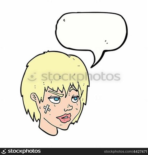 cartoon woman with plaster on face with speech bubble