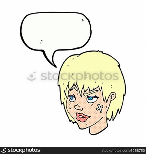 cartoon woman with plaster on face with speech bubble