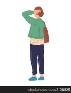 Cartoon woman with purse standing with her back. Cute alone character in casual clothing. Rear view of walking young female. Isolated caucasian teenager with handbag. Vector thinking person pose. Cartoon woman with purse standing with her back. Alone character in casual clothing. Rear view of walking female. Isolated caucasian teenager with handbag. Vector thinking person pose