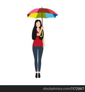 Cartoon woman with rainbow umbrella in a good mood isolated on white background.. Cartoon woman with rainbow umbrella in a good mood isolated on white background