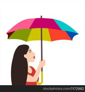 Cartoon woman with rainbow umbrella in a good mood isolated on white background. Cartoon woman with rainbow umbrella in a good mood isolated on white