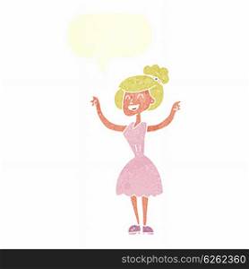 cartoon woman with raised arms with speech bubble