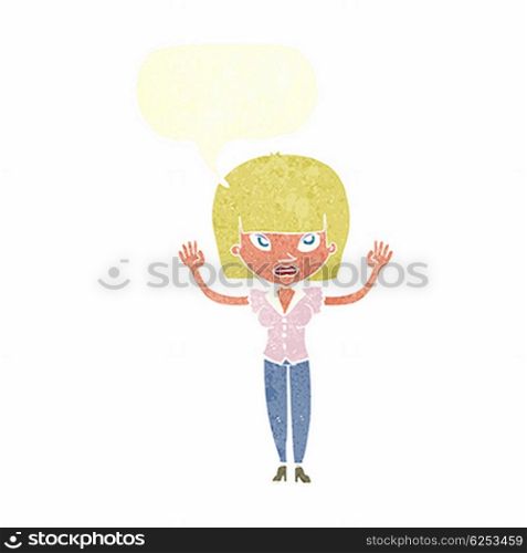 cartoon woman with raised hands with speech bubble