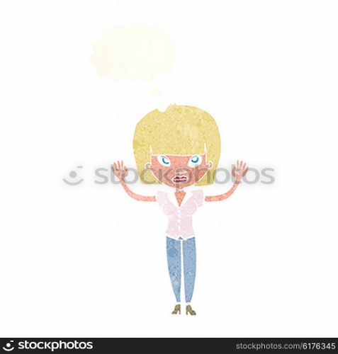 cartoon woman with raised hands with thought bubble