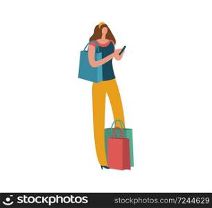 Cartoon woman with shopping bag and smartphone. Young beautiful fashion shopper girl image for sale or discount advertising. Flat vector isolated trendy illustration. Cartoon woman with shopping bag and smartphone. Young beautiful fashion shopper girl image for sale advertising. Flat vector isolated trendy illustration