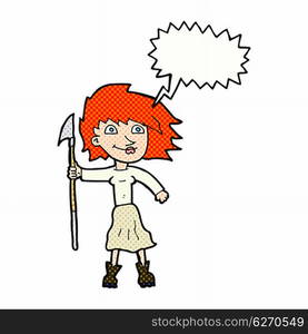 cartoon woman with spear with speech bubble