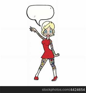 cartoon woman with tattoos with speech bubble