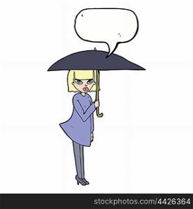cartoon woman with umbrella with speech bubble