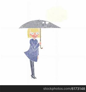 cartoon woman with umbrella with thought bubble