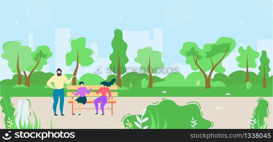 Cartoon Women and Man Talking in Public Park Illustration. Flat Vector Ladies Sitting on Bench and Gossiping. Male Character Interrupts Female Conversation. Outdoor Relaxation. Rest and Quiet Time. Cartoon Women and Man Talking in Park Illustration
