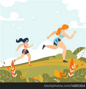 Cartoon Women Characters Wearing Sportswear Running in Park. Sport Activity Training in Forest. Girls Jogging Taking Part in Marathon. Fitness, Sport and Healthy Lifestyle. Vector Flat Illustration. Women Running Sport Activity Training in Forest