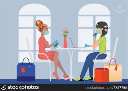 Cartoon women in mask with shopping bags working on laptop in cafe background.