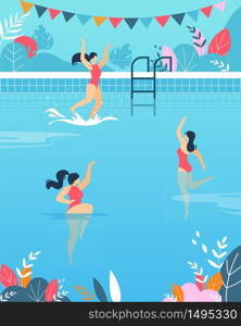 Cartoon Women Swimmers Characters Wearing Swimsuits Performing Water Activities in Swimming Pool. Swim Water Sport and Dive. Vector Flat Illustration. Plant Leaves Design and Flags Garland. Women Performing Water Activities in Swimming Pool