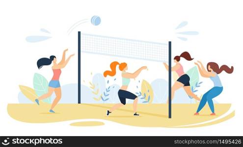 Cartoon Women Team Characters Playing Volleyball on Beach. Sportswomen Kicking Ball trough Net on Sandy Seaside. Sport Competition, Match. Summer Time Vacation. Flat Vector Illustration. Cartoon Women Team Characters Playing Volleyball